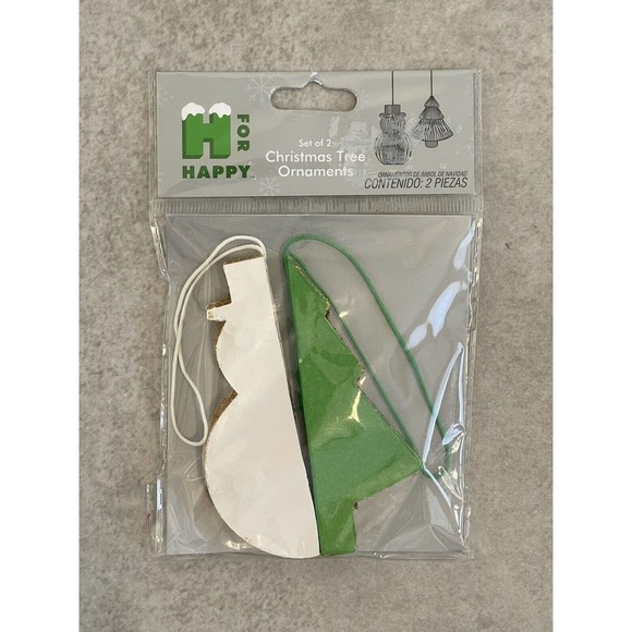H For Happy Set Of 2 Christmas 4" Paper Tree Snowman Ornaments Green Holiday NEW - Picture 3 of 7